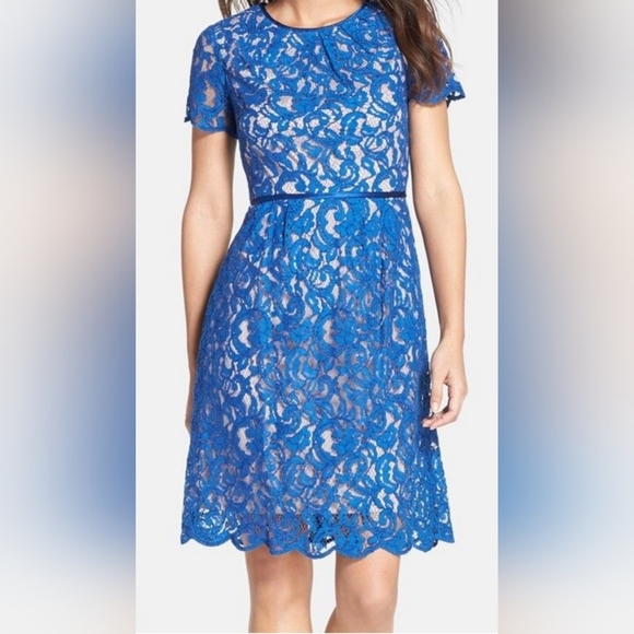 ADRIANNA PAPELL Dark Romantic Blue Lace Dress Burnout Floral Details(#1,031) - Picture 1 of 9